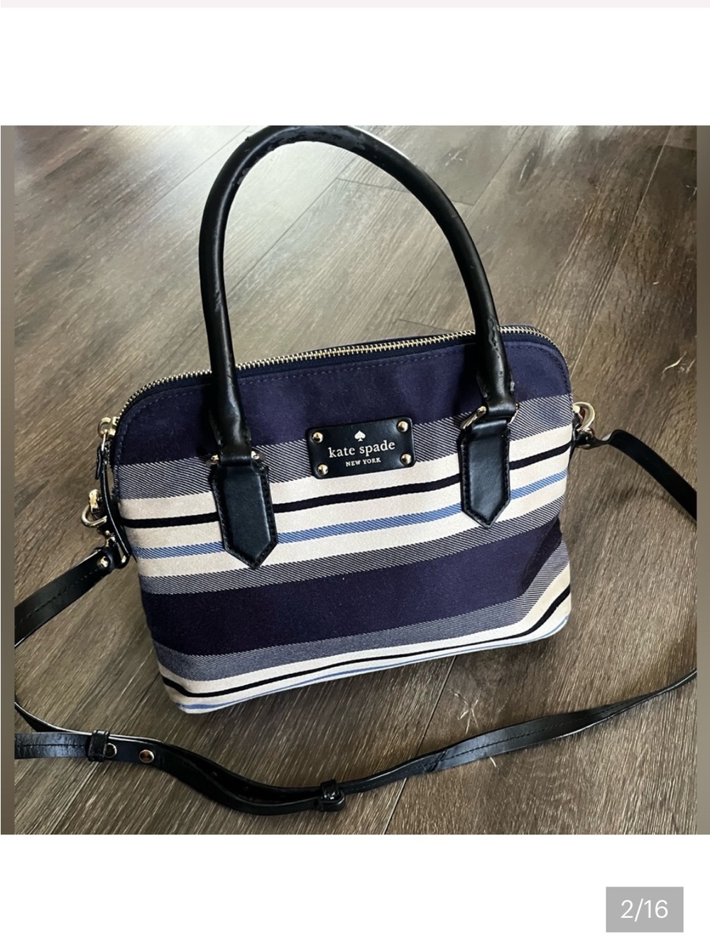 Kate Spade Handbag Denim Canvas Bag Navy & White Striped Black handles